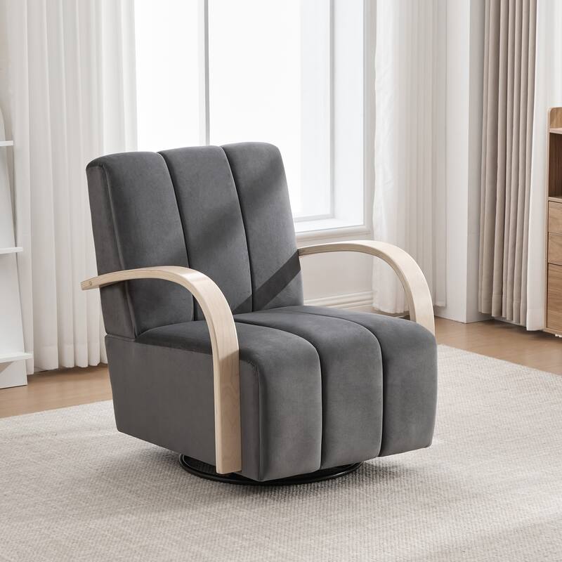 30.3"W Upholstered Swivel Accent Chair with Solid Wood Armrests, Channel Tufted Lounge Chair Single Reading Sofa Chair