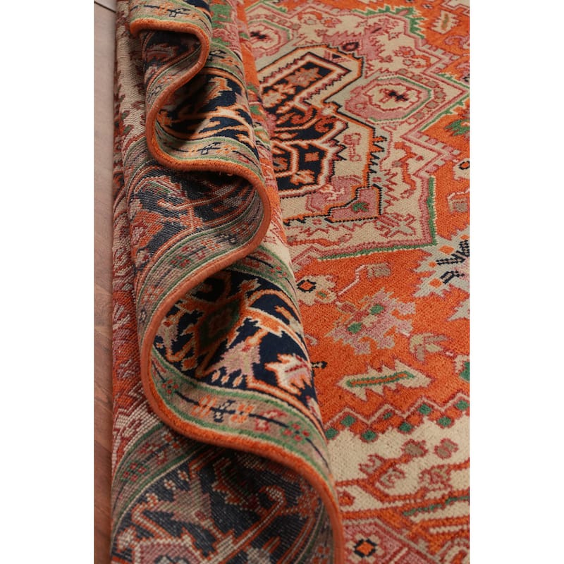 Orange Medallion Heriz Serapi Oriental Rug Hand-Knotted Wool Carpet - 8'1" x 9'11"