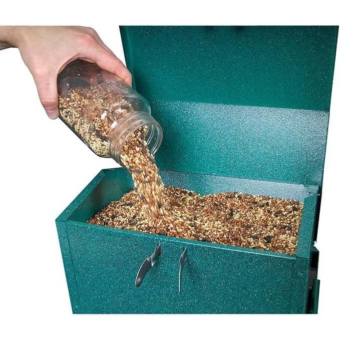Rugged Green Metal Squirrel-Proof Bird Feeder with Easy-Refill Top and Pole Mount - 12"L x 14.5"W x 9.5"H