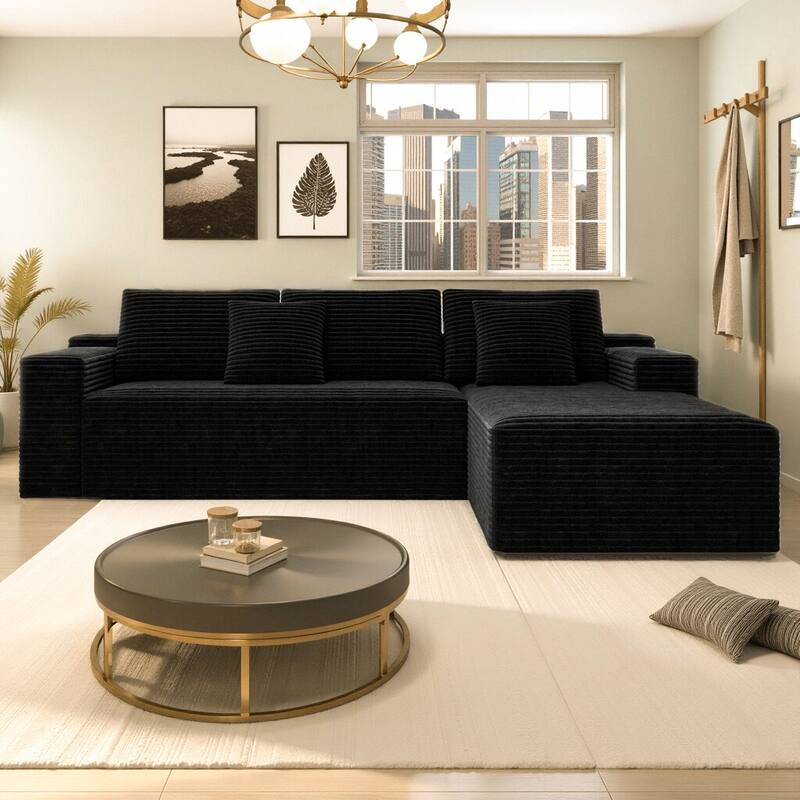 Modular Sectional Sofa with L-Shape Chaise Lounge, Corduroy Upholstered Cloud Couch, Full Compression Deep Seat Corner Sofa - Black