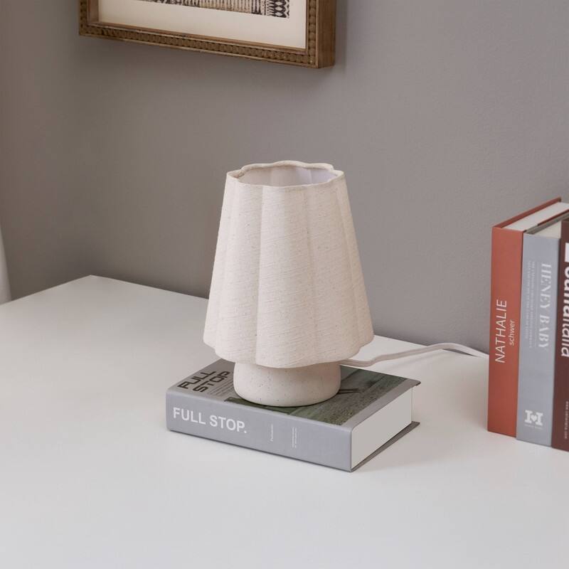Brightech Kylie 9" Off-White Cream Mid-Century 4.5W 450Lm 2700K LED Contemporary Round Table Lamp With Cream Linen Unique Shade