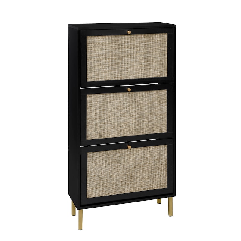 Roomfitters Rattan Shoe Cabinet, Modern Freestanding Shoe Storage Organizer with 3 Flip Doors