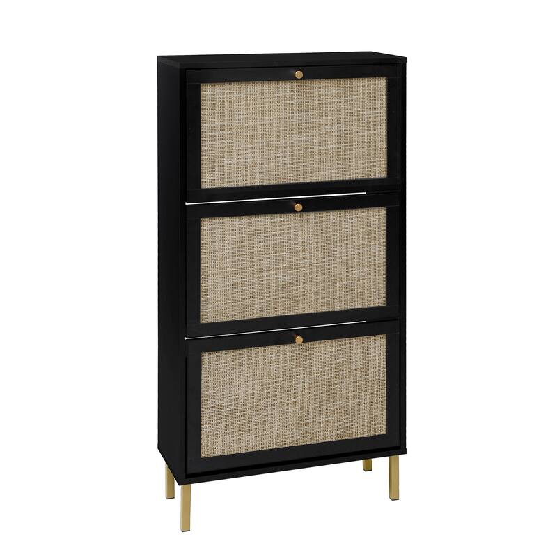 Shoe Storage Cabinet with 3 Flip Drawers, Freestanding 3-Tier Shoe Rack, Slim Shoe Organizer with Half Round Woven Rattan Doors