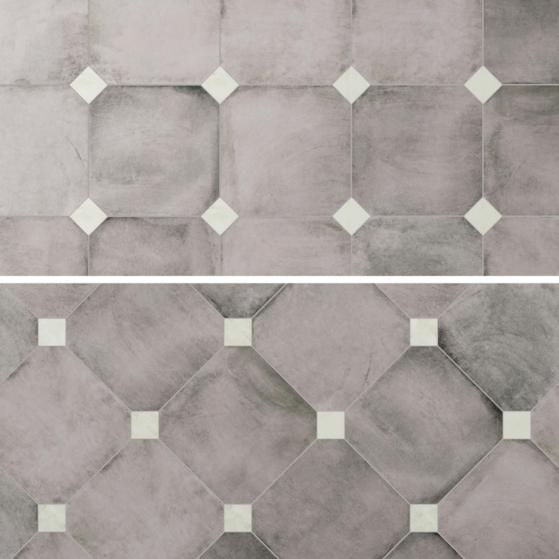 Merola Tile Laverton Octagon Gris with Taco Nieve 7-7/8" x 7-7/8" Porcelain Floor and Wall Tile