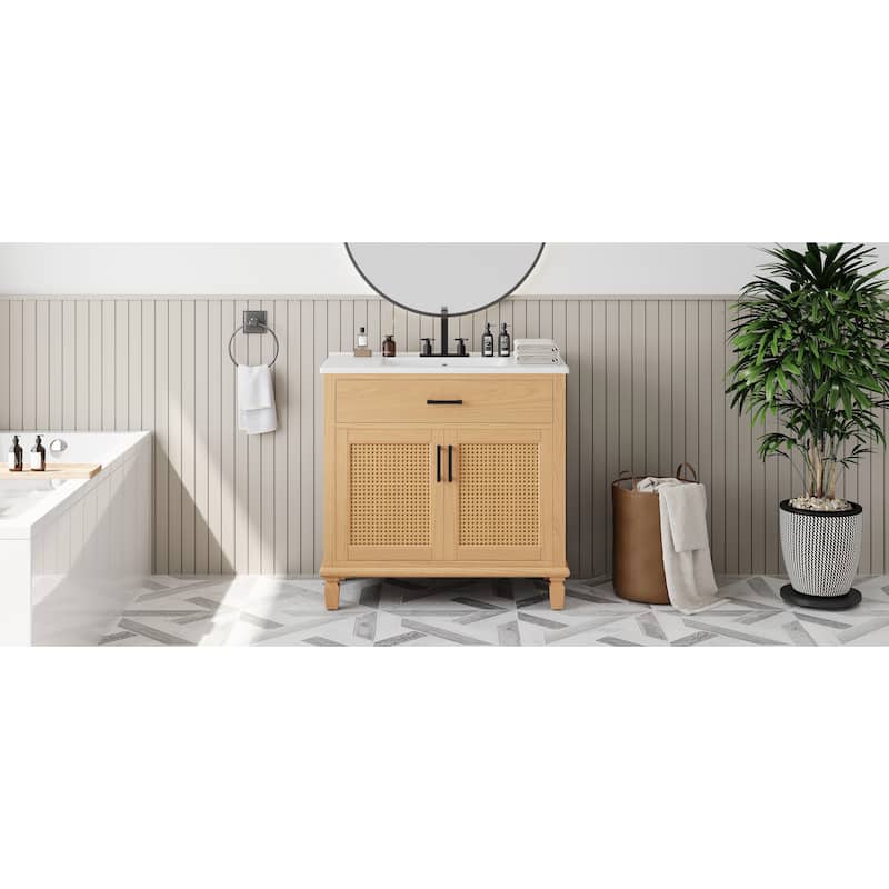 Rattan Bathroom Vanity with Ceramic Sink, Bathroom Sink Cabinet with Soft Close Doors and Drawers