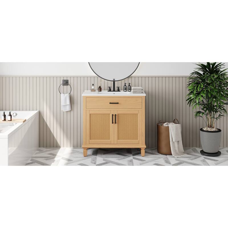 Roomfitters 36" Rattan Bathroom Vanity with Ceramic Sink, Modern Cabinet with Soft-Close Doors and Storage units
