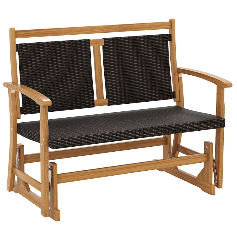 Comfortable Rattan Patio Glider with Wooden Frame and Swing Rocking Armchair for Outdoor Furniture