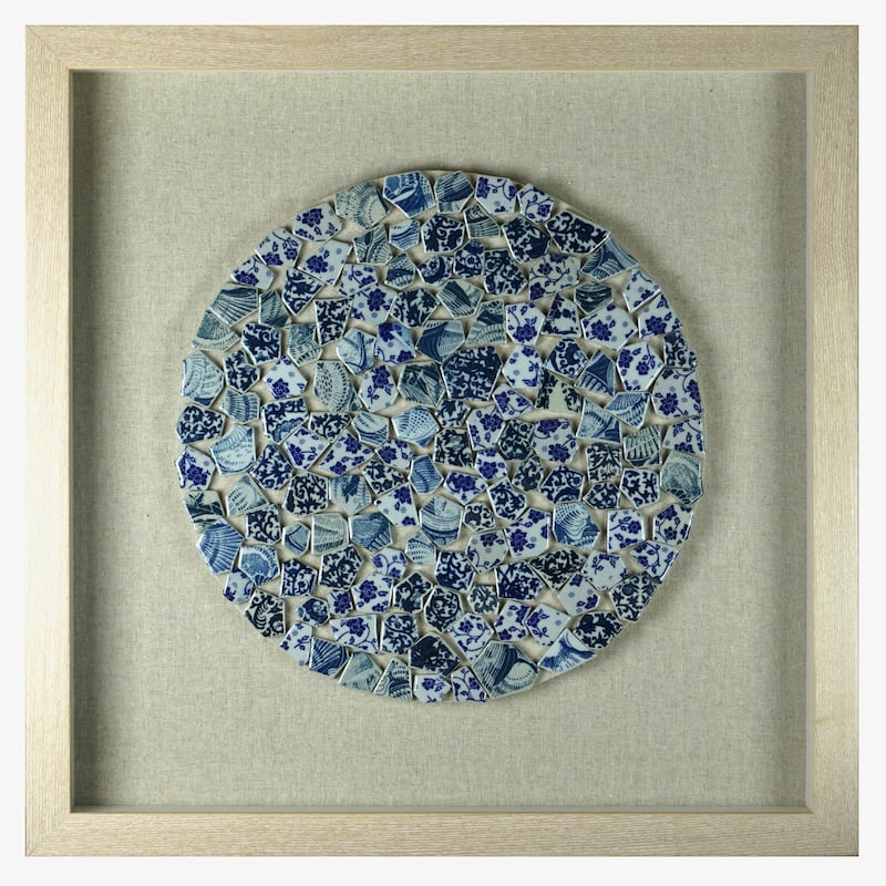 HUJI Blue Shattered Ceramic Plate Shadow Box Wall Decor