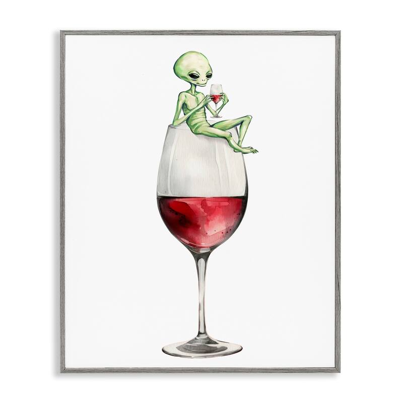 Stupell Alien Perched on Wine Glass Framed Giclee Art Design By Lil' Rue - 24 x 30 - Grey