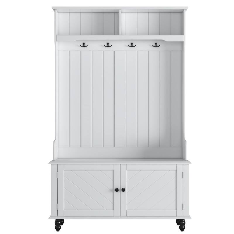 4-in-1 Versatile Hall Tree Wood Entryway Coat Hanger Built-in Storage Bench With Two Top Open Storage Shelves Entryway Coat Rack - White