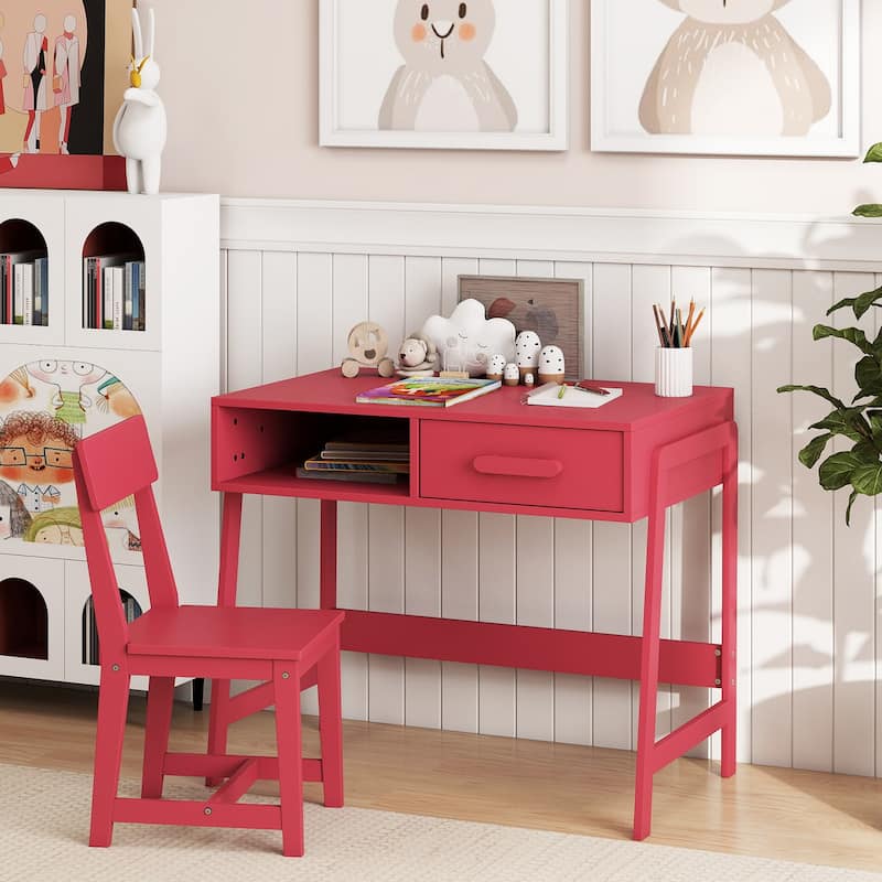 Kids Study Table and Chair Set with Storage Drawer and Hutch and Pine Wood Frame for 3 Over Years Old - 33.5" x 19" x 27.5"
