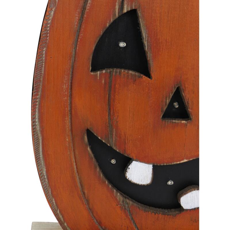 Haunted Hill Farm 18-In. Tall Pumpkin Battery-Operated Wooden Centerpiece with Lights and Timer