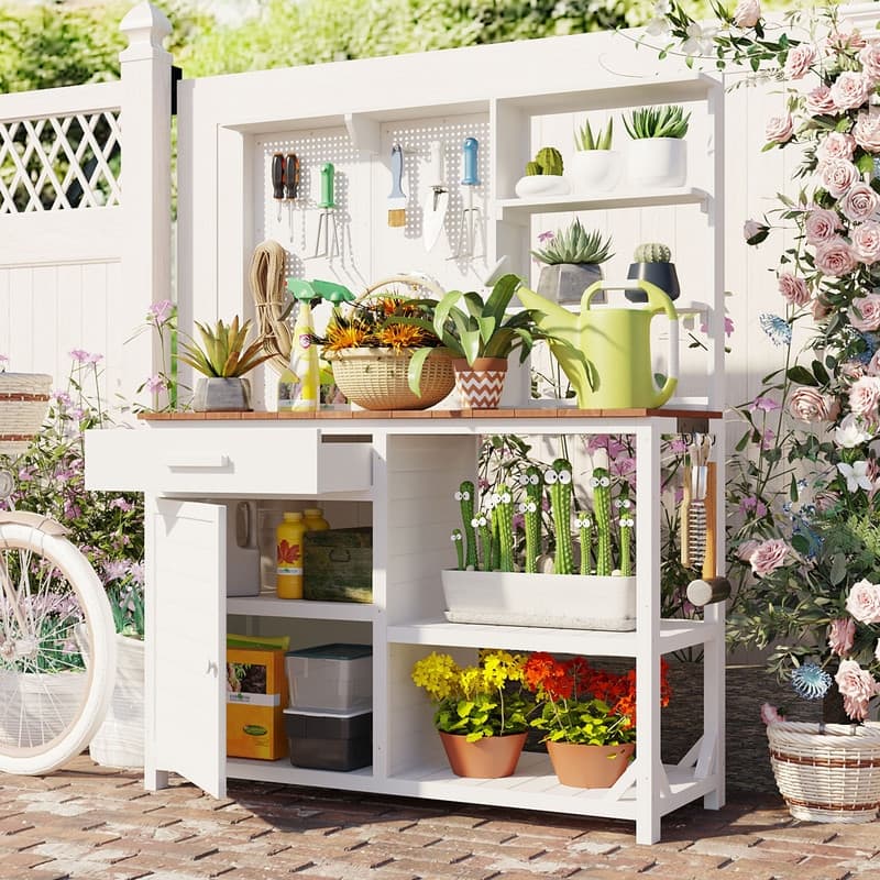 Fir Wood Potting Bench with Hutch, Garden Workstation for Planting with 4 Shelves - White