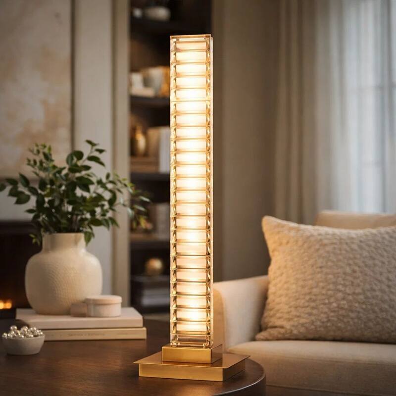 Lizy 24 Inch Tall, Thin Table Lamp, Crystal, LED Metal Frame, Antique Brass