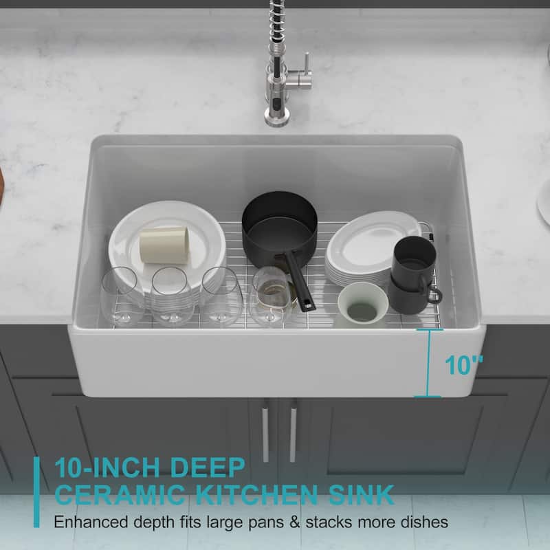 33" White Farmhouse Sink - Kitchen Sink Apron Front Porcelain Ceramic Single Bowl Farmer Sink Basin