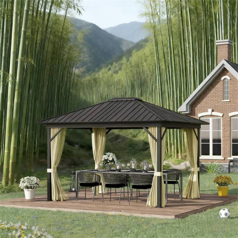 Gazebo with Curtains Netting Metal Roof Canopy with Aluminum Frame and Top Hook