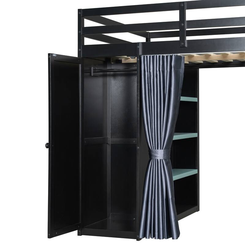 All-in-One Loft Bed Full Size Bedframe with Wardrobe, Shelves, Blackout Curtains, Pegboard, Charging Station and RGB Light Strip