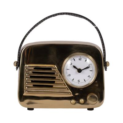 Sagebrook Home 9-inch Vintage Radio Clock With Strap - Gold - Glass, Faux Leather, PVC, MDF - 9" x 3" x 9"