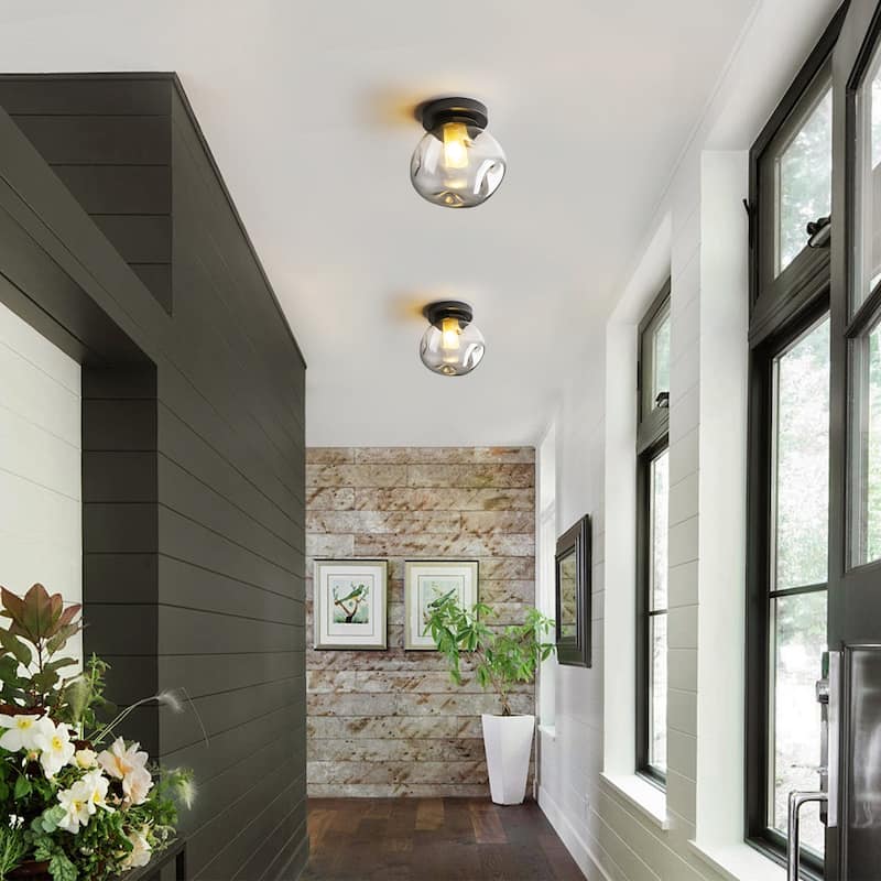 7.1" W Mid-Century Modern Matte Black Wall Sconce with Hand-Blown Smoked Gray/Pink Glass Shade for Bathroom, Staircase