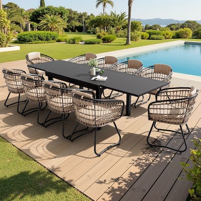 VredHom 11PC Outdoor Patio Extendable Table Dining Sets Table with Rattan Chairs