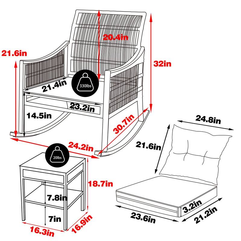 VEIKOUS 3-Piece Outdoor Wicker Patio Porch Rocking Chair and Rattan Coffee Table Set with Cushions and Pillows