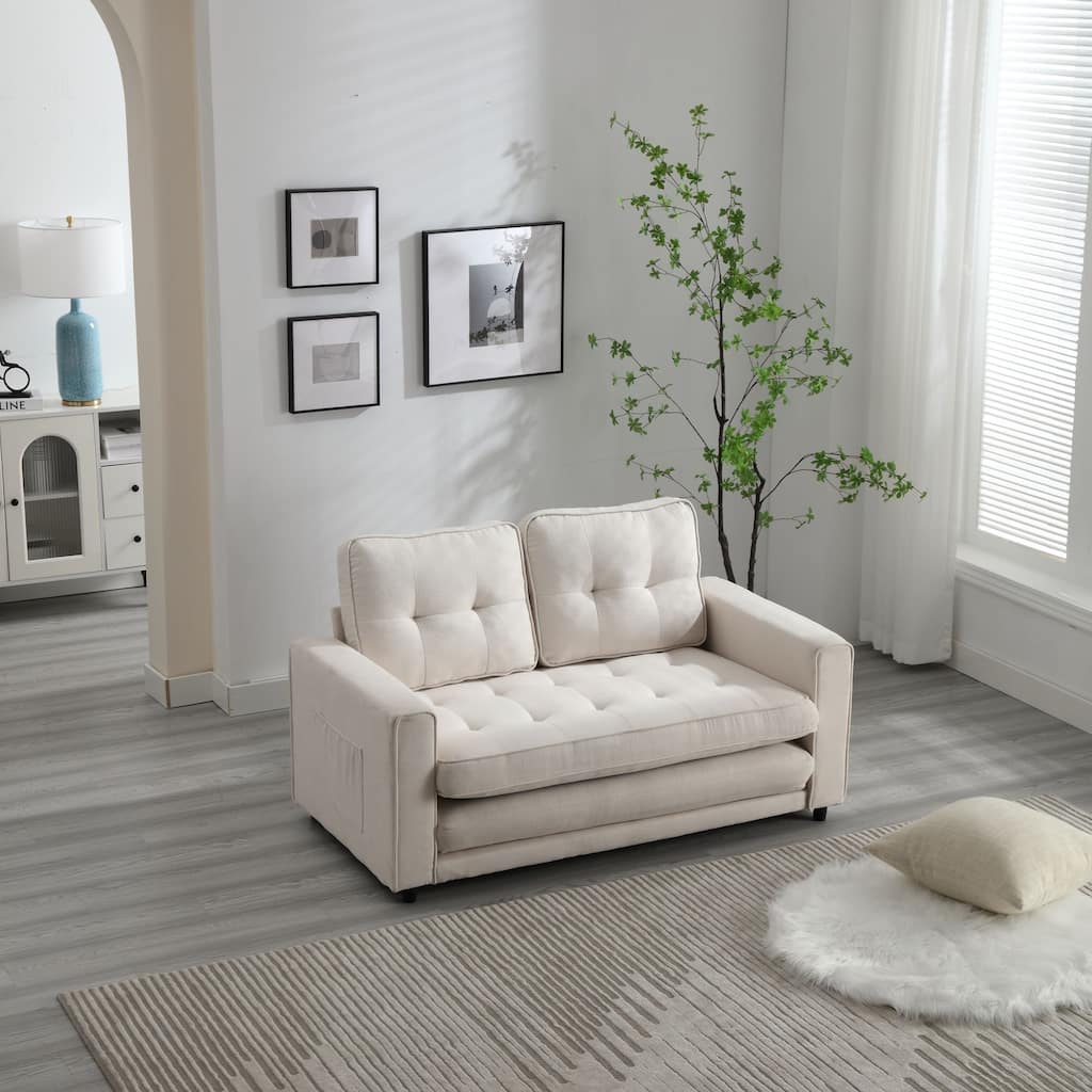 Velvet 55" Convertible 3-Fold Loveseat Sofa Bed: Pull-Out Feature, Side Storage Pocket