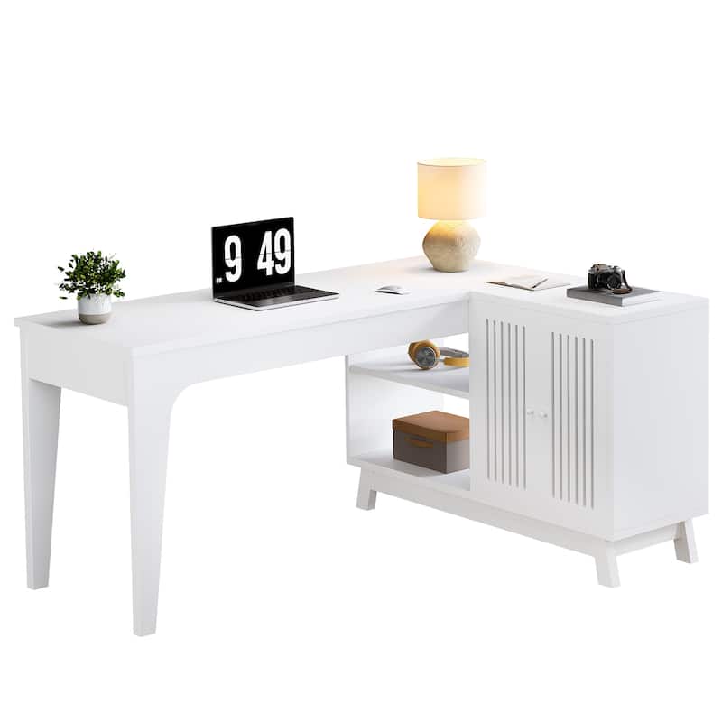 L-Shaped Desk with Storage Cabinet, 57-Inch Wood Corner Workstation