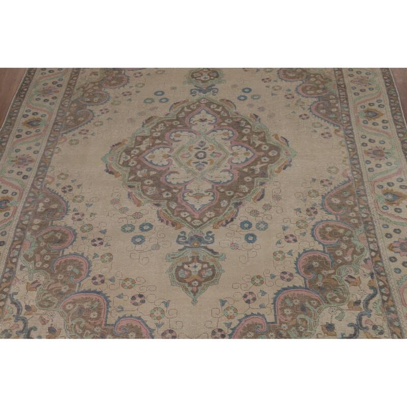 Hand Knotted Oriental 100% Wool Carpet Traditional Floral Beige & Ivories Tabriz Area Rug - 12' 9'' X 9' 7''