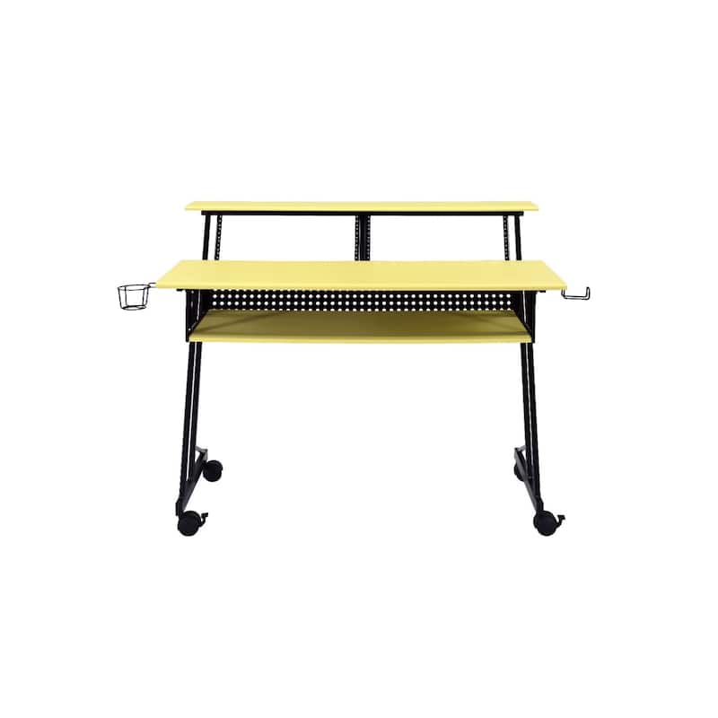 Wood Computer Desk with Black Metal Frame, Shelves and Casters - Yellow-Black