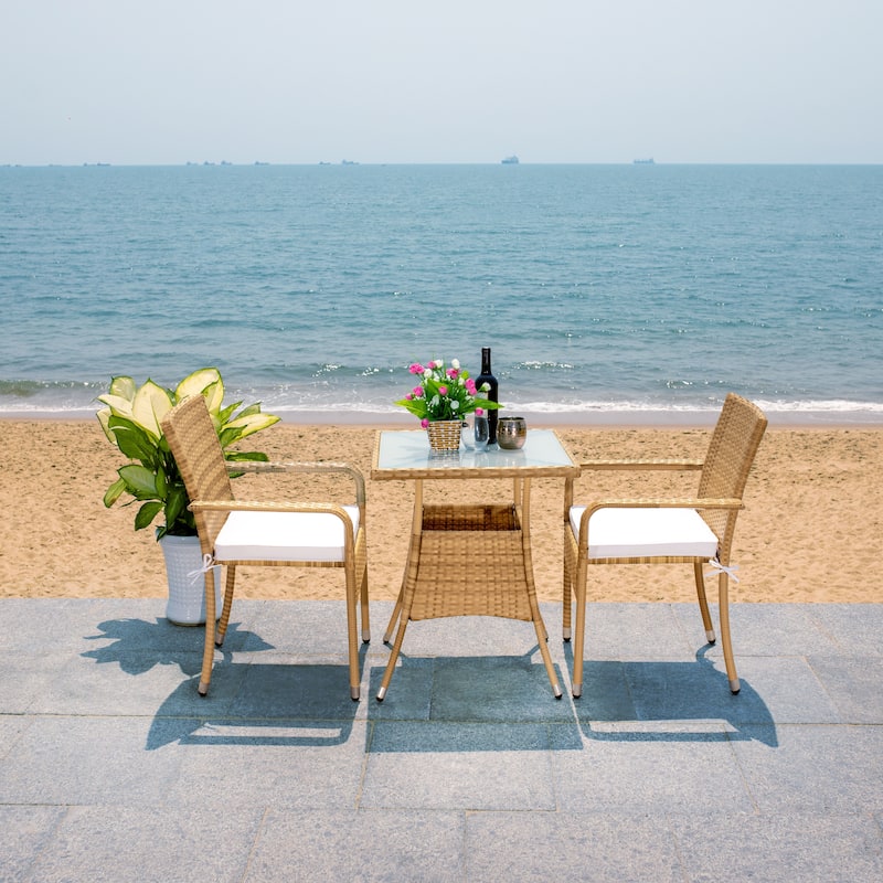 SAFAVIEH Outdoor Sheva 3-Piece Bistro Set - 24Wx24Dx33H - Natural/White Cushion
