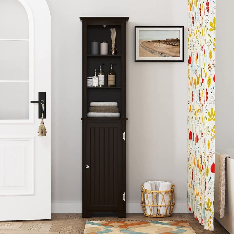 UTEX 64" Freestanding Storage Cabinet, Bathroom Tall Cabinet with Doors and Shelves, Free Standing Linen Tower