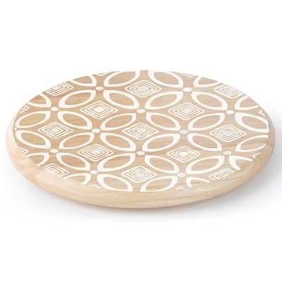 White Geo Pattern Round Wood Lazy Susan Turntable 14" Diameter for Serving Kitchen Organization Condiment Caddy