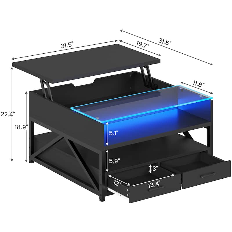 Coffee Table Lift Top 2 Drawers Hidden Compartment for Living Room