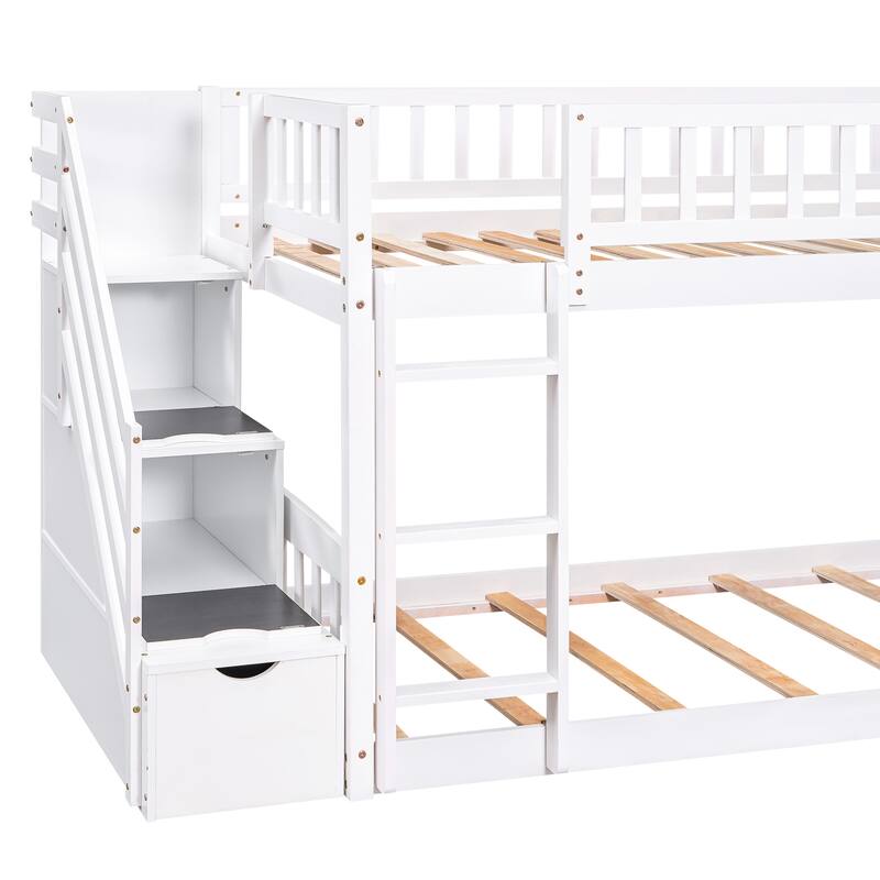 Twin over Twin Bunk Bed Solid Wood Low Bunk Beds with Storage Staircases, Pine Wood Frame, Convertible Ladder and Slide