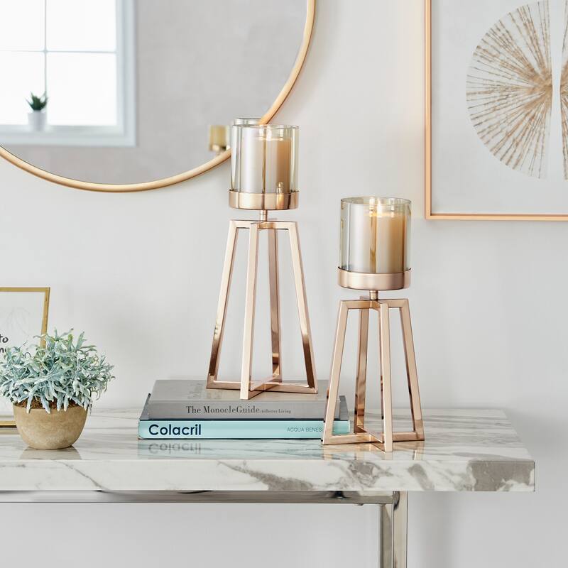 Tinted Glass Hurricane Pillar Candle Holders - 15" - Gold - Set of 2