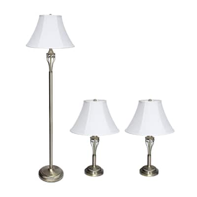 3 Piece Antique Brass Metal Lamp Set with White Shades