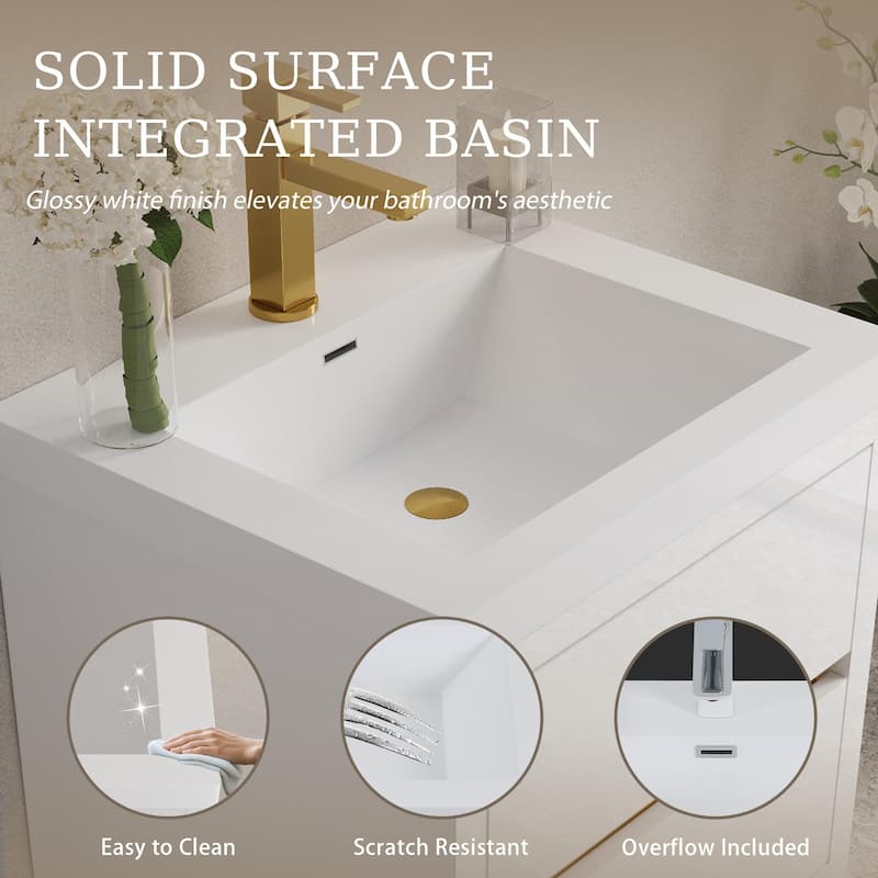 24"/30"/36" Wall-Mounted Bathroom Vanity with Sink, Floating Cabinet, Stone Resin Countertop, Glossy White, Soft-Close Drawers