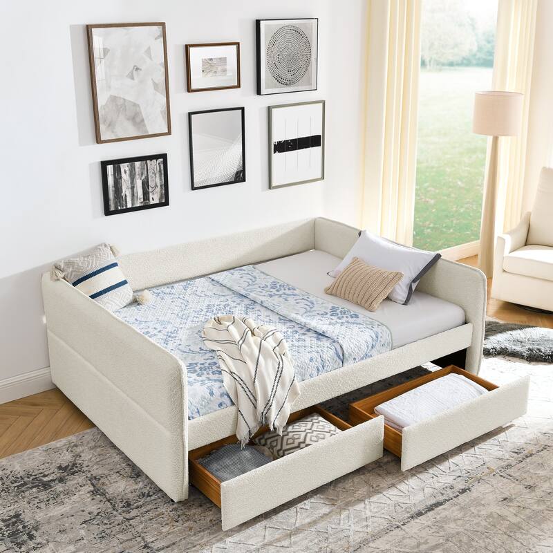 Daybed with Trundle Upholstered Tufted Sofa Bed, with Two Drawers, Queen Size, Boucle Fabric - Beige