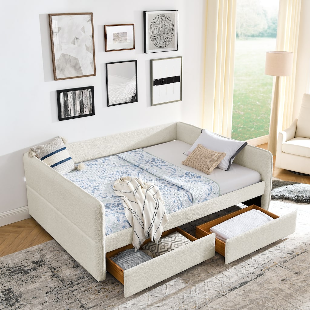 Queen Size Upholstered Tufted Daybed with Trundle and Two Drawers, Beige Boucle Fabric Sofa Bed