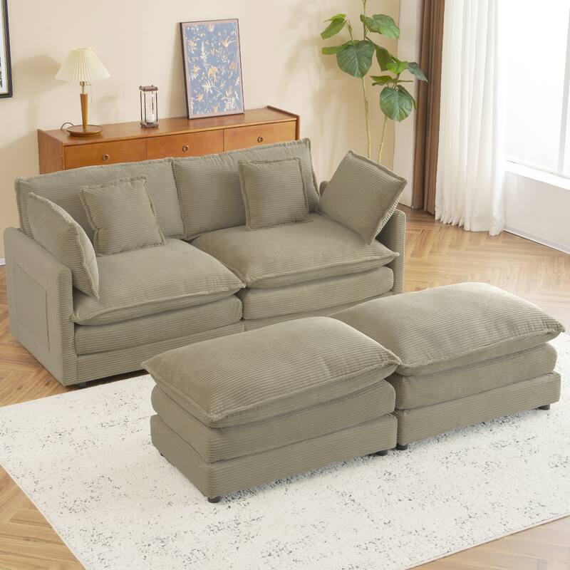 Corduroy Loveseat Set with Movable Ottoman 4 Seater Corner Sofa, Upholstered Deep-seat Couch wCushions and 4 Pillows
