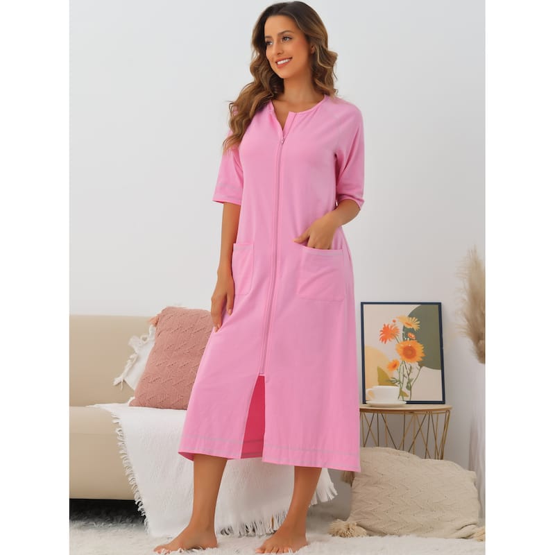 Women Zipper Robe Long Sleeve Loungewear Bathrobe with Pockets - Pink - XXL