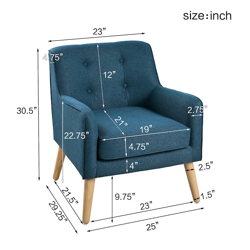 Mid-Century Modern Armchair - Tufted Fabric Accent Chair with Solid Wood Legs - Classic Button-Tufted Back & Tapered Design