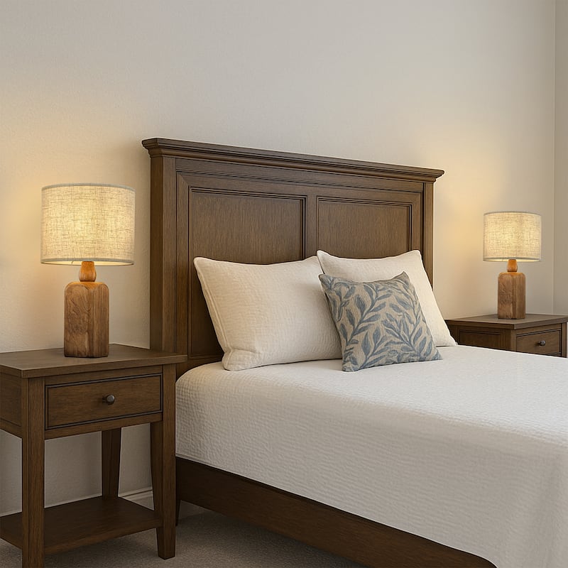 Farmhouse Traditional Natural Brown Solid Wood Base Table Lamp with Beige Fabric Shade for Bedroom Living Room（Set of 2) - W10''