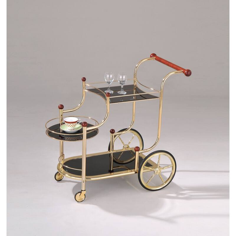 Serving Cart with 3 Glass Shelves , Kitchen Cart with 5mm Black Printed Tempered Glass