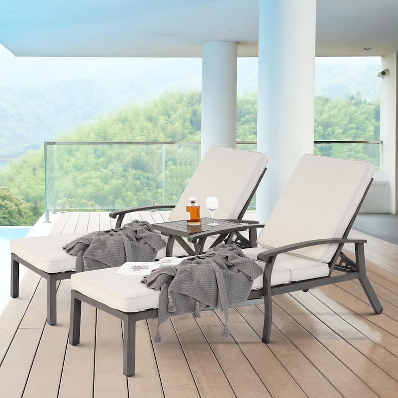 HOMEFUN 3-Piece Outdoor Aluminum Reclining Chaise Lounge (set of 2)with Table and Cushions - Beige