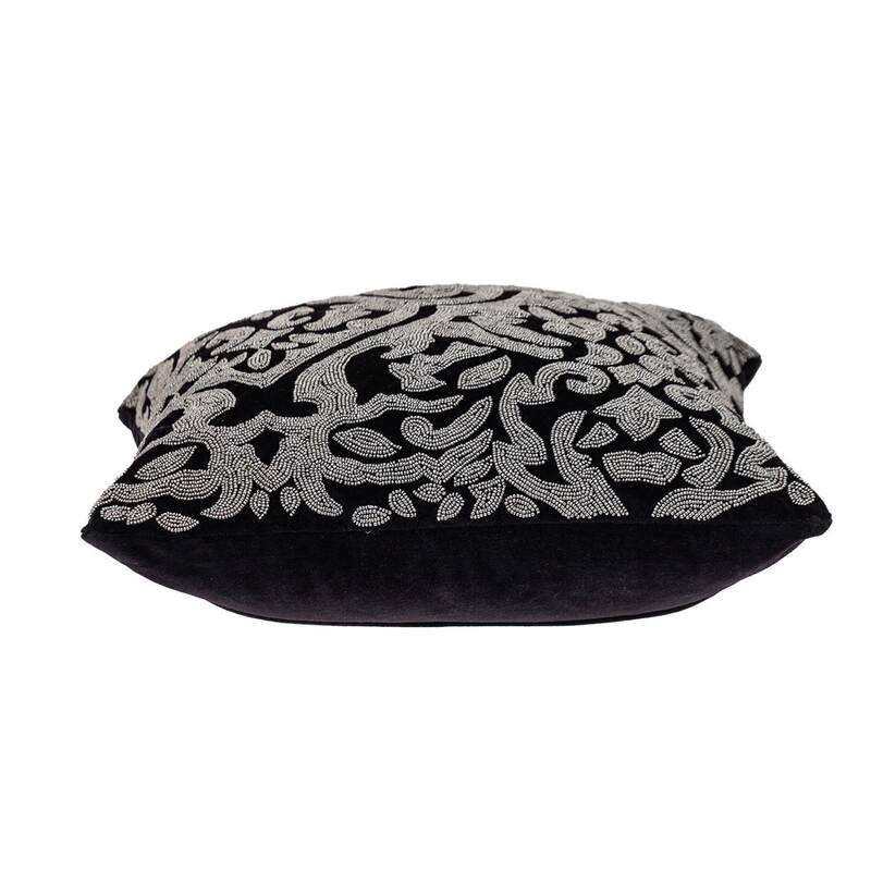 HomeRoots 18" Black and Silver Damask Velvet Throw Pillow With Beads