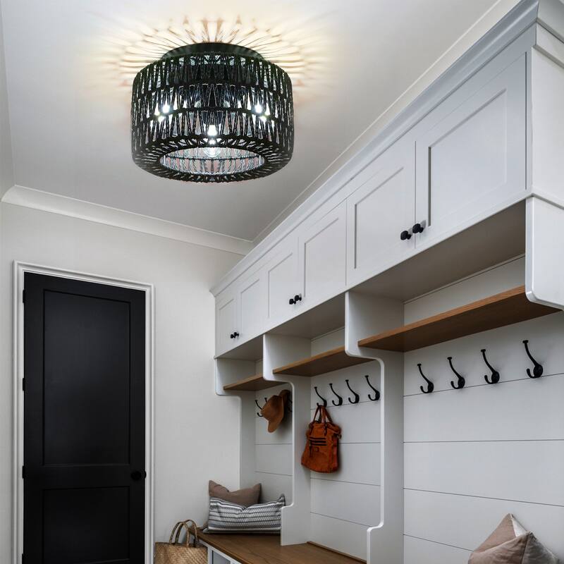 Black Woven Flush Mount Light Fixture Rustic Industrial Hemp Rope Round Ceiling Light - 11.8