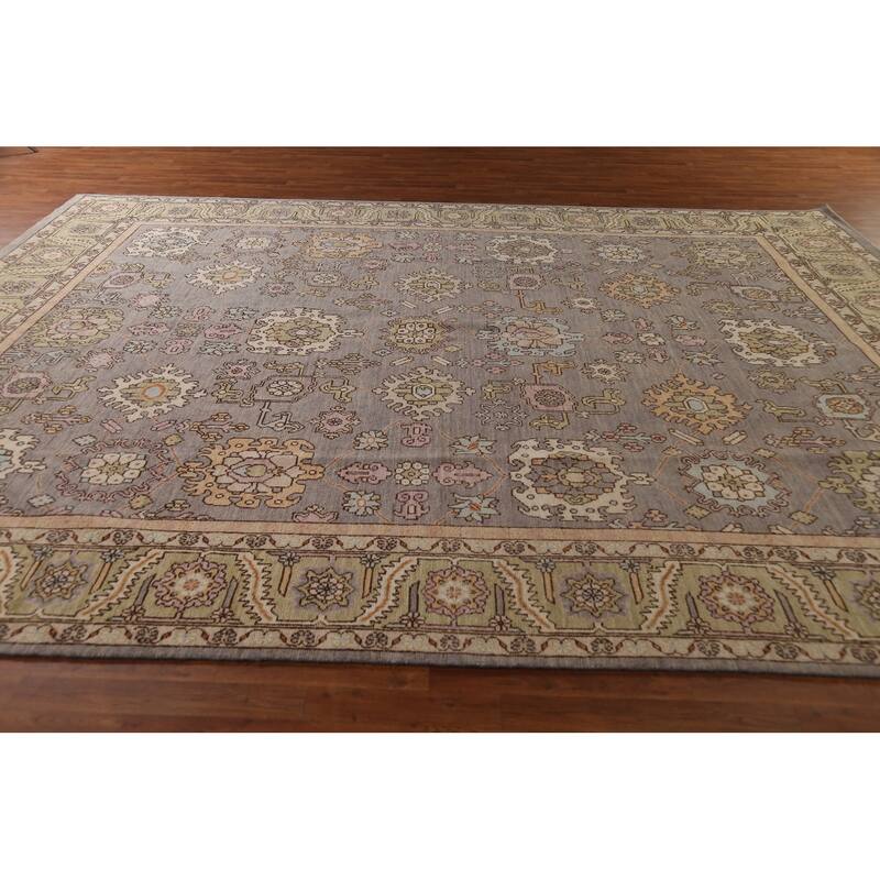 Vegetable Dye Oushak Turkish Large Rug Hand-Knotted Grey Wool Carpet - 10'5"x 13'8"