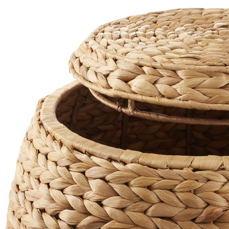 Round Water Hyacinth Storage BasketHamper with Lid