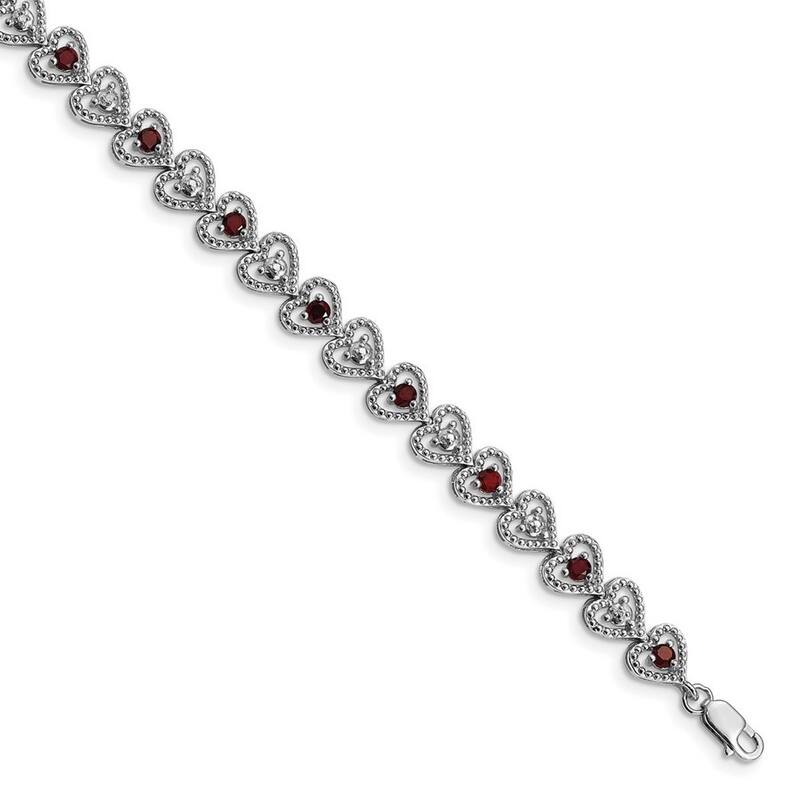 Curata 925 Sterling Silver Textured Polished Open back Lobster Claw Closure Garnet Diamond Bracelet